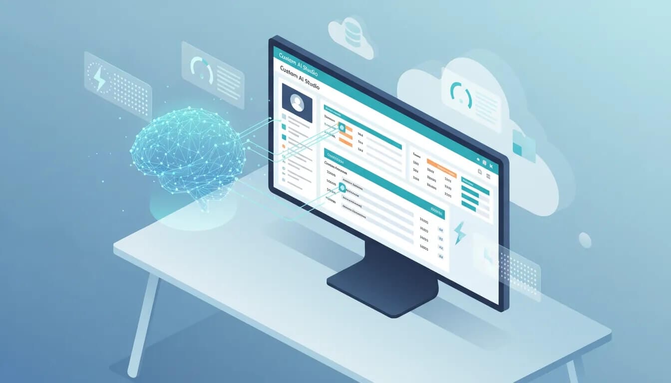 Isometrische Illustration eines Custom AI Studio im CRM-Dashboard mit QuickML-Vorhersagen, Feld-Mapping und Empfehlungskarten